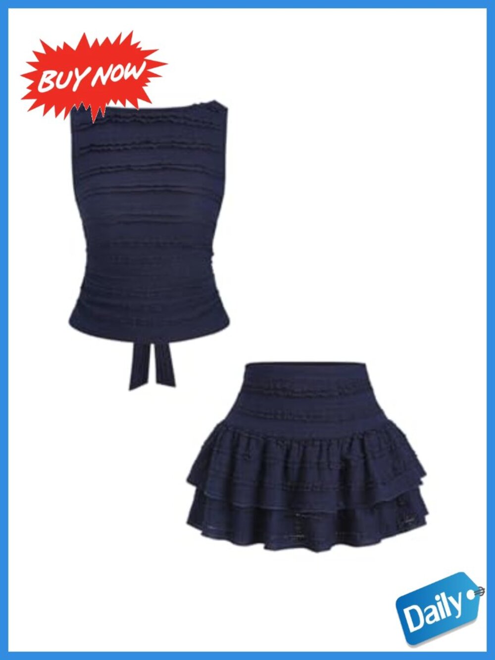 2 Pc Skirt Set Sleeveless Boat Neck Textured Ruffle Hem Vacation Outfit